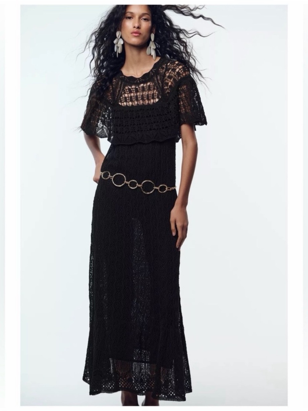 Zara Black Knit Pointelle Ruffle Maxi